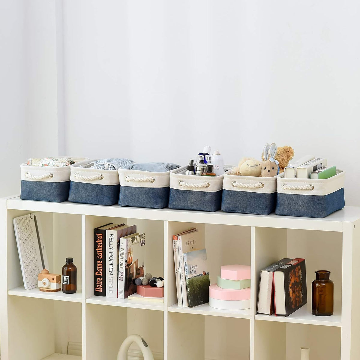 Fabric Storage Bins 12x8x5 inch [6-Pack] with Rope Handles - Decorative Baskets for Organizing