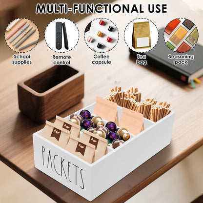 Wooden Seasoning Packet Organizer with 4 Compartments,10.63×5.51×3.15 inch Food Packet Storage Organizer Spice Holder with Dividers, Seasoning Storage Bins for Kitchen Pantry Cabinet Countertop(Black)