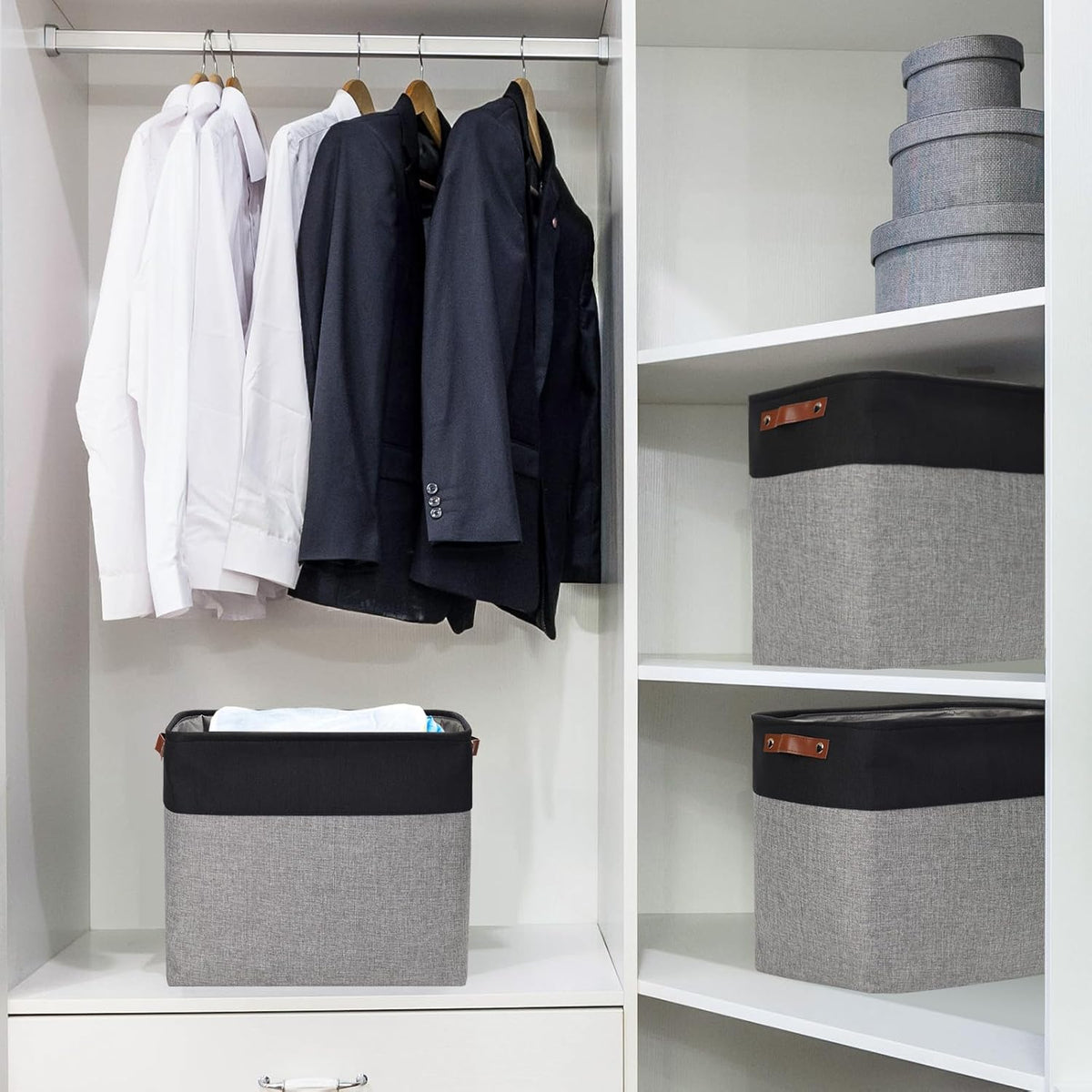 Bagnizer Large Fabric Storage Baskets | 50L Storage Bins, Decorative Linen Closet Baskets with Handles for Organizing, Shelf, Toys, Clothes, Home, Office, Nursery, 17x12x15Inches (Grey&White)