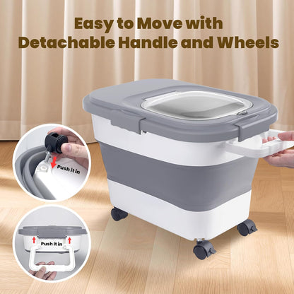 HOYTAMDAR 20-50Lbs Rice Container,Collapsible Food Storage Containers with Airtight Clear Lid,Wheels,Rice Storage Container with Small Bin and Scoop,Rice Dispenser for Flour Sugar Cereal Grain Dog Cat