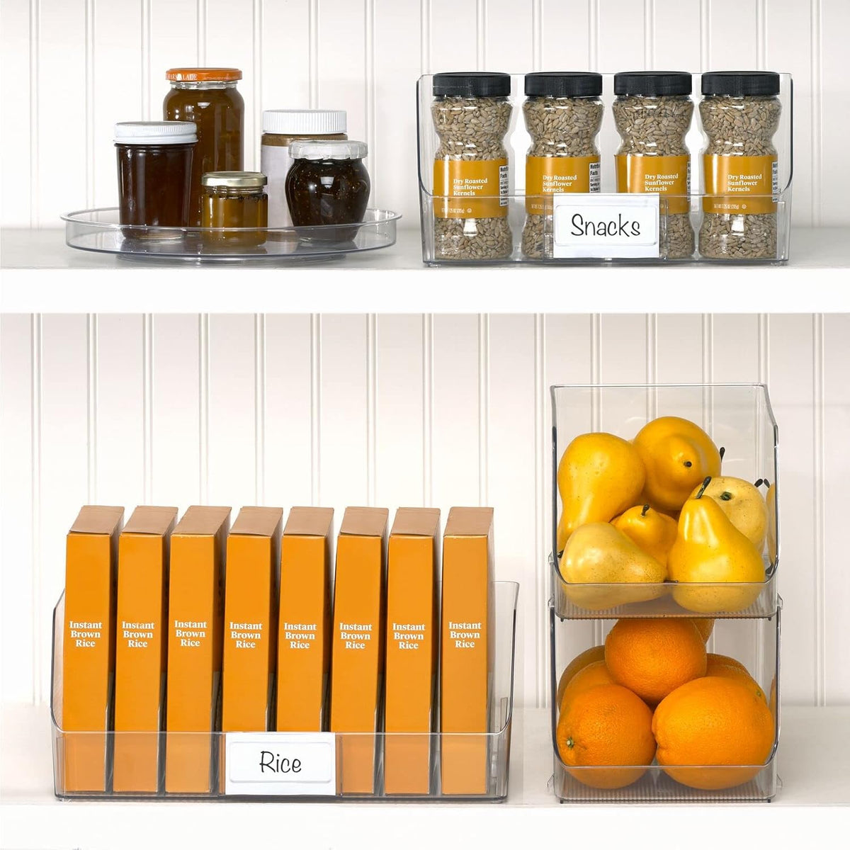 mDesign Wide Stackable Plastic Food Storage Organizer Bin Basket with Open Front for Household Kitchen Cabinets, Pantry, Offices, Closets, Bedrooms, Bathrooms - 10.2" Wide, 2 Pack - Clear