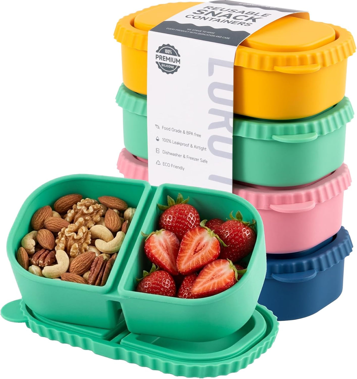Silicone Reusable Snack Containers with Lids - 8 oz Double Compartment Snackle Box for Kids & Adults, BPA-Free & Leakproof, Small for Dressing, Snacks, School, Office, Picnic