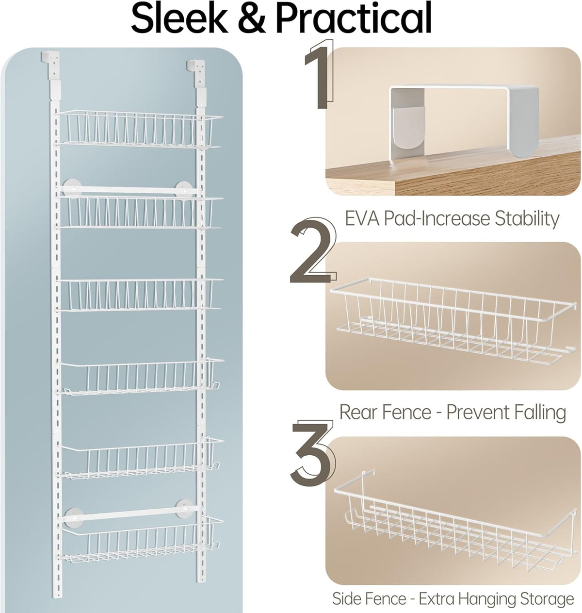 Delamu Adjustable Cabinet Door Organizer, 6-Tier Hanging Spice Rack Organizer, Metal Over the Door Pantry Organizer, Pantry Organizers and Storage Shelves for Kitchen Bathroom Laundry Room, White M