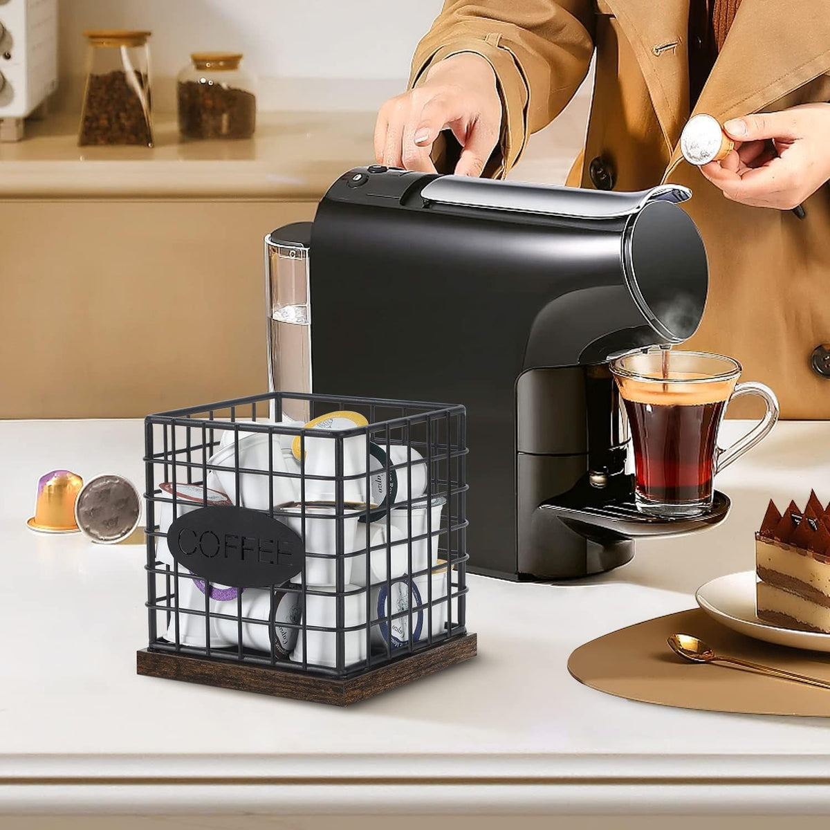 YINMIT K Cup Holder Organizer, Sturdy Coffee Pod Holder Organizer, 35 Kcup Large Capacity Storage Basket for Kitchen Counter and Office Desktop (Circular Grid)