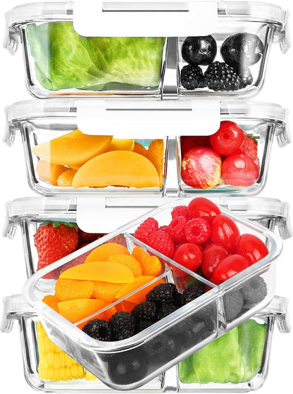 M MCIRCO [5-Pack, 36 oz] Glass Meal Prep Containers 3 Compartment with Lids, Glass Lunch Containers,Food Prep Lunch Box,Bento Box,Microwave, Oven, Freezer, Dishwasher (4.5 Cups)