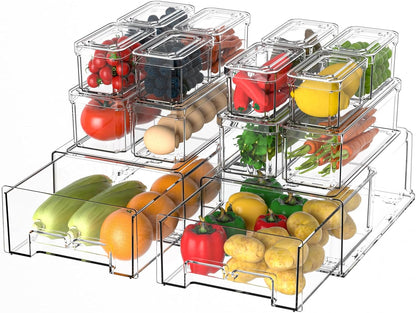 damynuo 14Pack Fridge Organizer Bins, Clear Refrigerator Organizing Containers with Lids and Refrigerator Drawers, Stackable Food, Vegetable and Fruit Containers for Fridge Organizers and Storage