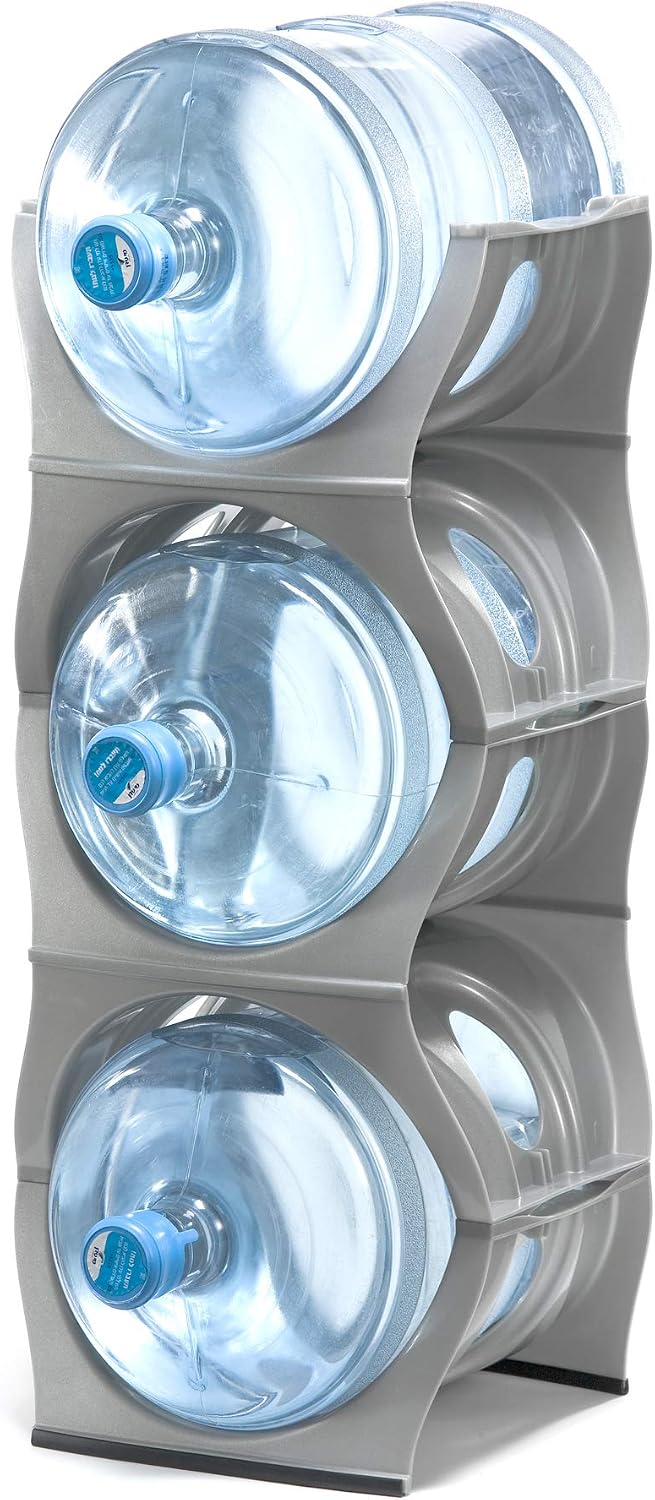 Bariboo Stackable Water Bottle Storage Rack Best Water Jugs 5 Gallon Organizer. Jug Holder for Kitchen, Cabinet and Office Organizing. Reinforced Polypropylene (Silver, 4 No Shelf)
