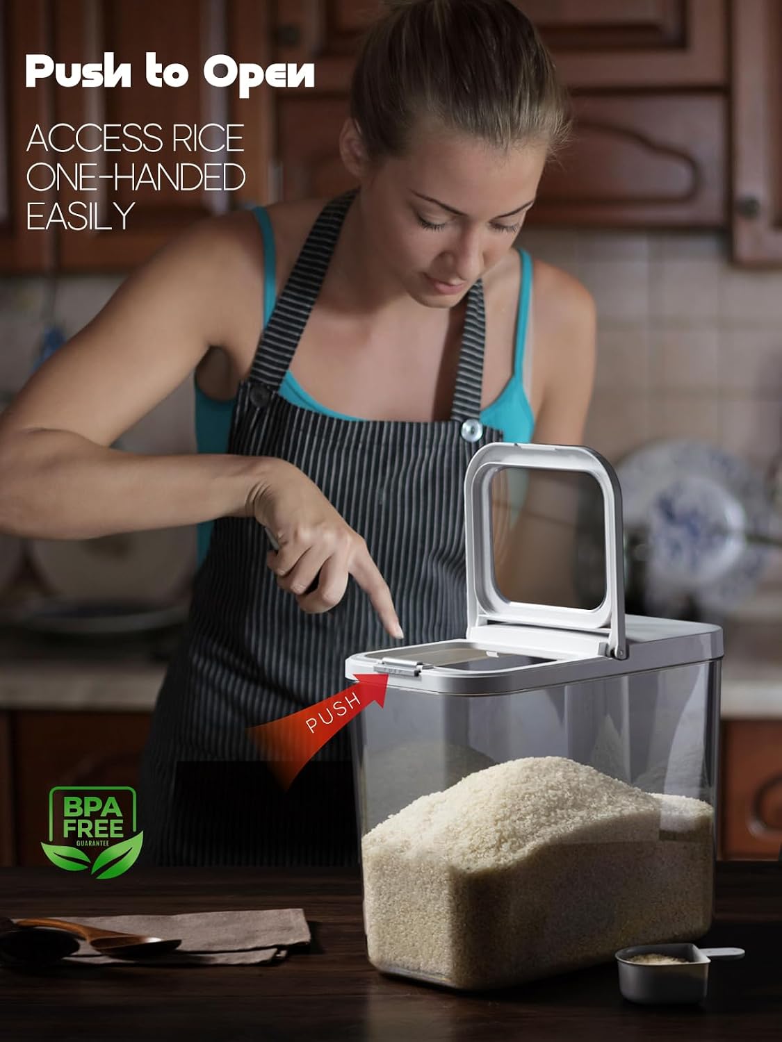 LivLab Mker 20-25 lbs Rice Dispenser with measuring spoon - 11.4Qt/12L Large Airtight Food Storage Rice Container for Cereal, Flour - BPA-Free PET, Slim Space-Saving