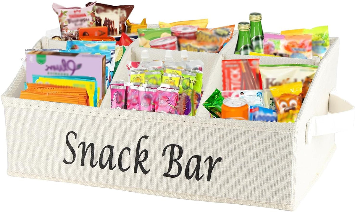 Snack Organizer for Countertop, Trapezoid Fabric Snack Bin Holder with Side Handles, 6 Compartment Snack Basket Container, Lightweight Snack Bar Station Organizer, Kitchen Pantry Storage-Black