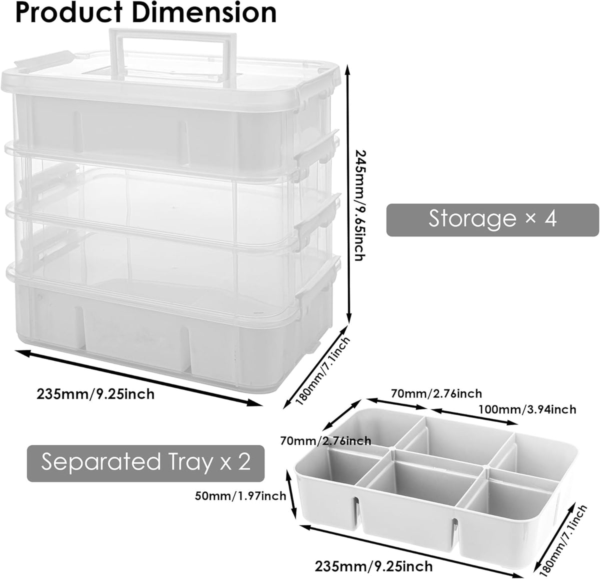 CraftGenes Grey&White Modern Plastic Storage Box - 4-Layer Durable Craft Storage Containers with 2 Removable Trays for Arts & Crafts Supplies, Sewing, Office, Seasonal Decor