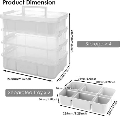 CraftGenes Grey&White Modern Plastic Storage Box - 4-Layer Durable Craft Storage Containers with 2 Removable Trays for Arts & Crafts Supplies, Sewing, Office, Seasonal Decor