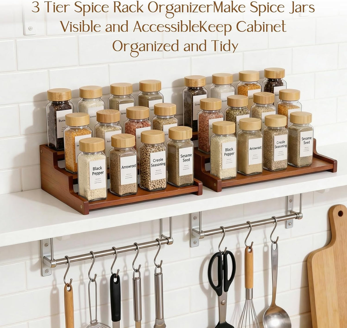 Spice Rack Organizer for Cabinet, 18in Bamboo Tiered Spice Rack，Used for Kitchen Countertops and Food Storage Room Organizer，Specially Designed for Jars and Spice Bottles(Bamboo, L)