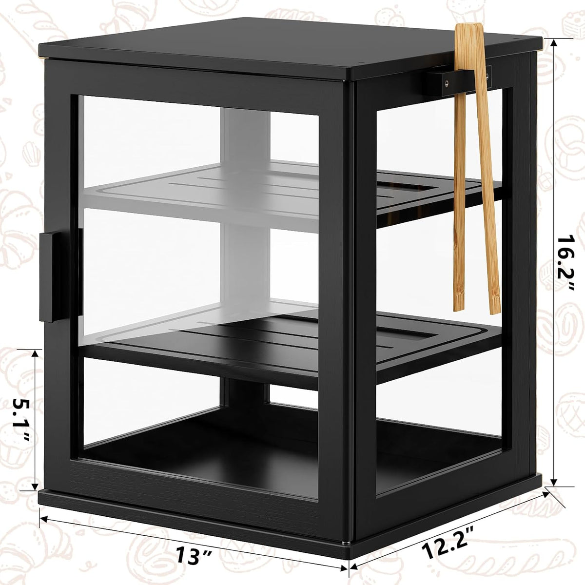 WOWLIVE Black Bread Box for Kitchen Countertop, Large 3 Layers Bread Storage Container for Homemade Bread with Window, Farmhouse Breadbox Organizer for Kitchen, Cabinet, Pantry (Black, Meduim)