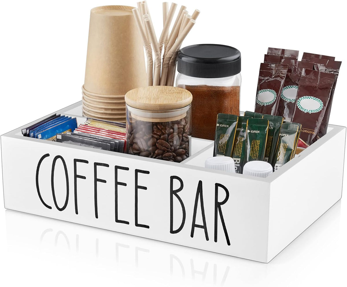 ALELION Coffee Station Organizer - Wood Countertop Accessories Organizer with Removable Dividers for Pods Condiment Syrup Tea Cups Stirrers - for Farmhouse Coffee Bar Decor