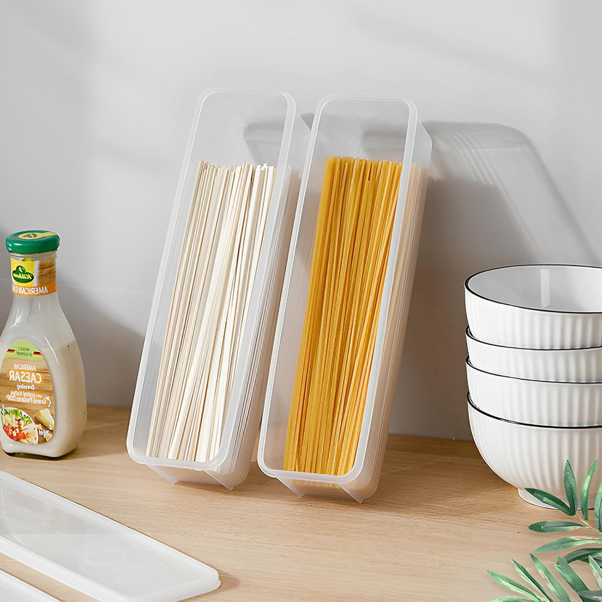 ZENFUN Set of 6 Pasta Storage Containers with Lid, Airtight Spaghetti Noodle Holder Rectangular Chopstick Storage Box Sealed Noodle Canisters for Refrigerator, Kitchen Pantry, 3" x 12" x 3", BPA-FREE