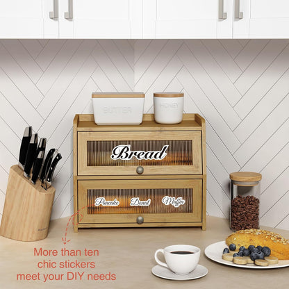 Goozii Large Bread Box for Kitchen Countertop, Black Bread Storage Container for Homemade Bread, Double Layer Farmhouse Breadbox Organizer for Kitchen Counter Cabinet, Pantry, Cupboard (Black)