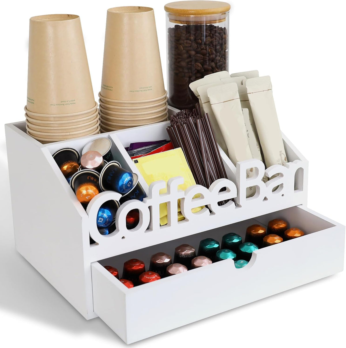 Coffee Bar Organizer for Countertop – Wooden Coffee Caddy with Compartments for Pods, Sugar Packets, and Accessories – Coffee Condiment Station Storage for Home and Office (Black)