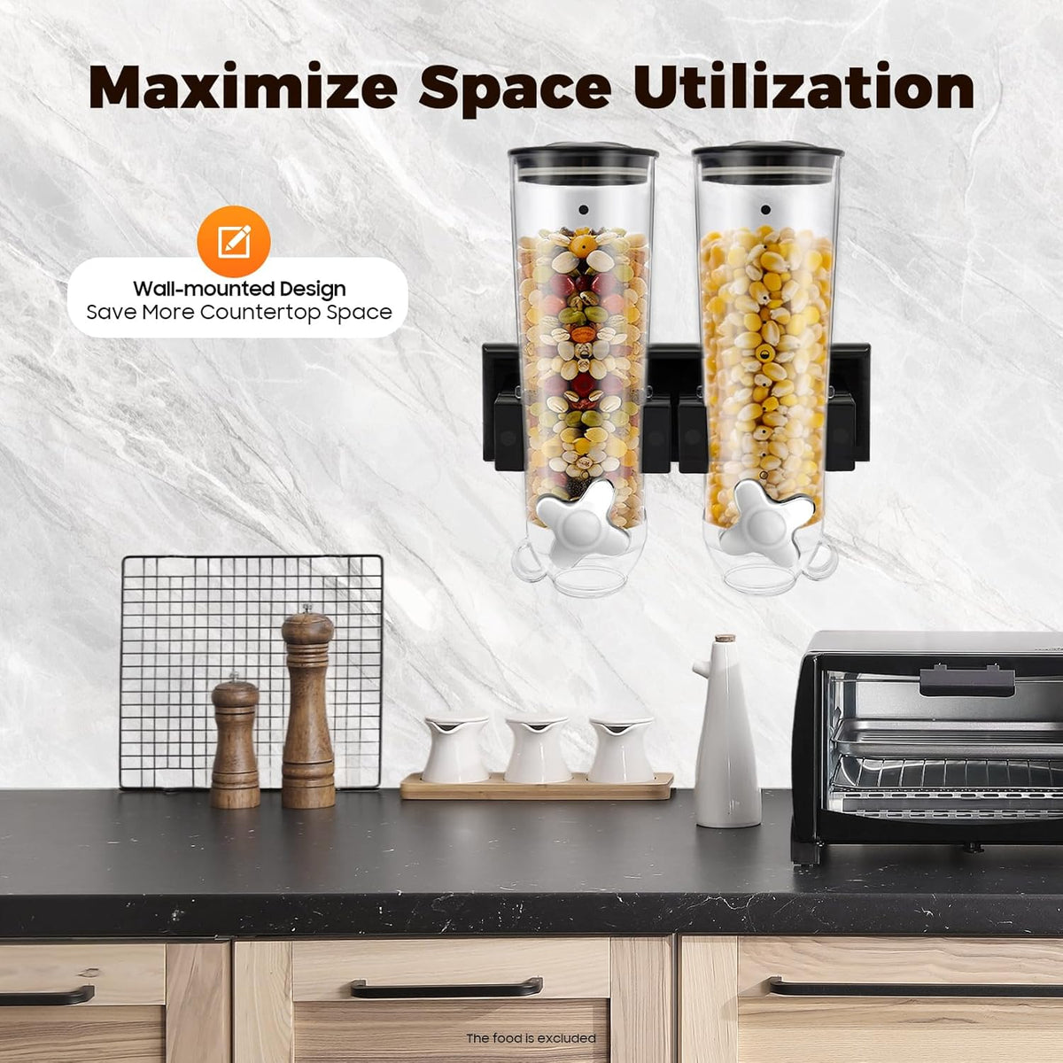 2 Pack Cereal Dispensers,Cereal Containers Storage,Wall-mounted Food Dispenser,Large Capacity Candy Dispenser,Convenient Storage Dual Control for Candy Oatmeal Coffee Bean Nuts (Silver)