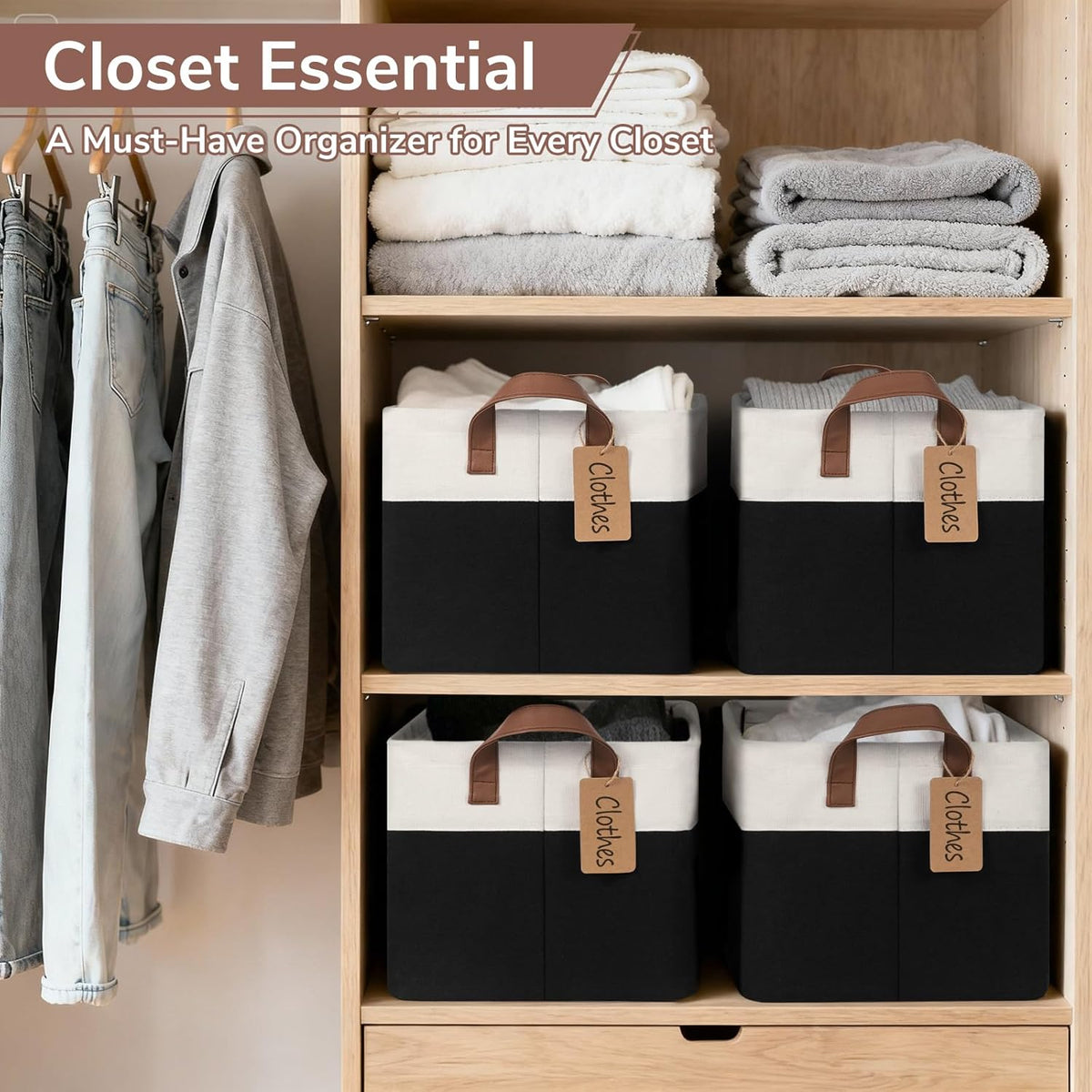 CHICVITA 4 Pack Large Storage Baskets for Shelves, Collapsible Closet Organizer Bins with Metal Frame, Fabric Storage Bins for Clothes Towels Organization, 16.8" x 11" x 9.8", Beige