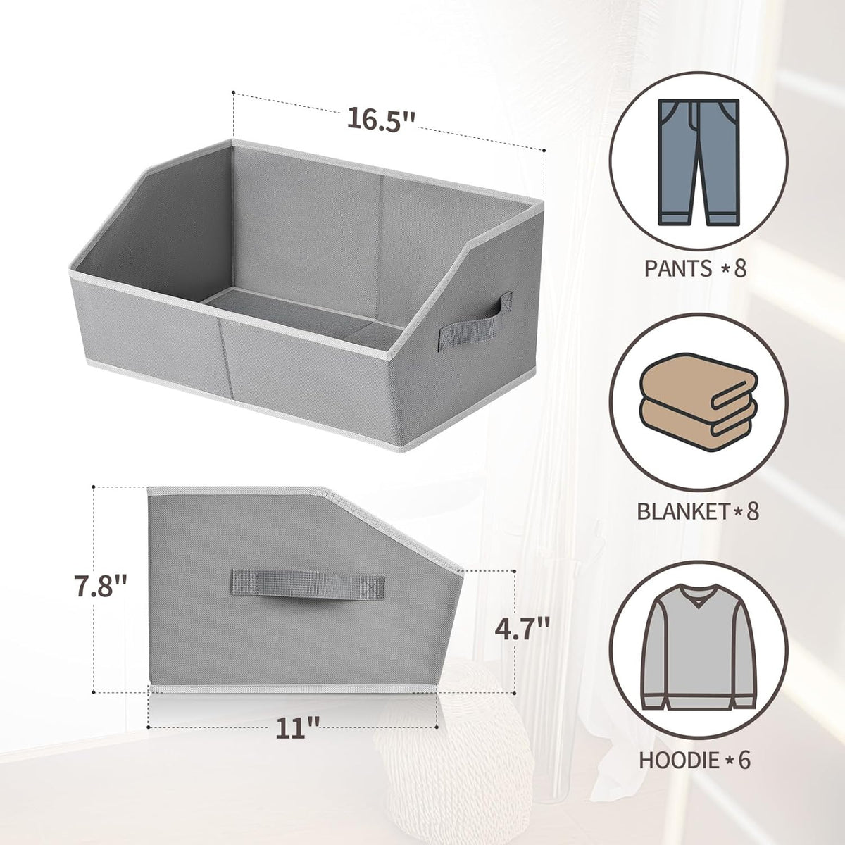 Homsorout Closet Organizers Bins 6 Packs - Large Closet Shelf Organizer with Handles, Fabric Trapezoid Storage Bins, Collapsible Storage Cubes for Clothes, Towels, Light Gray