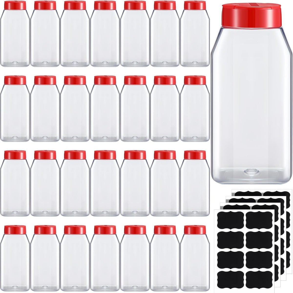 Mifoci 28 Pack 16 oz Plastic Spice Jars with Cap Square Plastic Bottle Containers with Shaker Lids and Stickers Large Seasoning Shaker Empty Powder Storage Container for Storing Salt Herbs (Black)