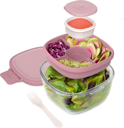 Bentgo Glass Prints Salad Container - 7.6-Cup Tinted Glass Salad Bowl with Airtight Lid, Leak-Proof Sauce Container, 4-Compartment Bento Meal Prep Tray & Reusable Fork (Floral Maximalist - Sea)