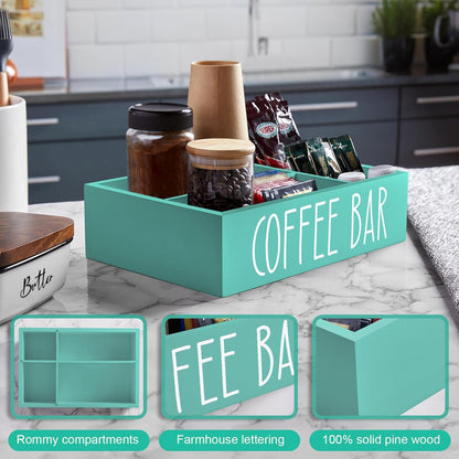 ALELION Coffee Station Organizer - Wood Countertop Accessories Organizer with Removable Dividers for Pods Condiment Syrup Tea Cups Stirrers - for Farmhouse Coffee Bar Decor