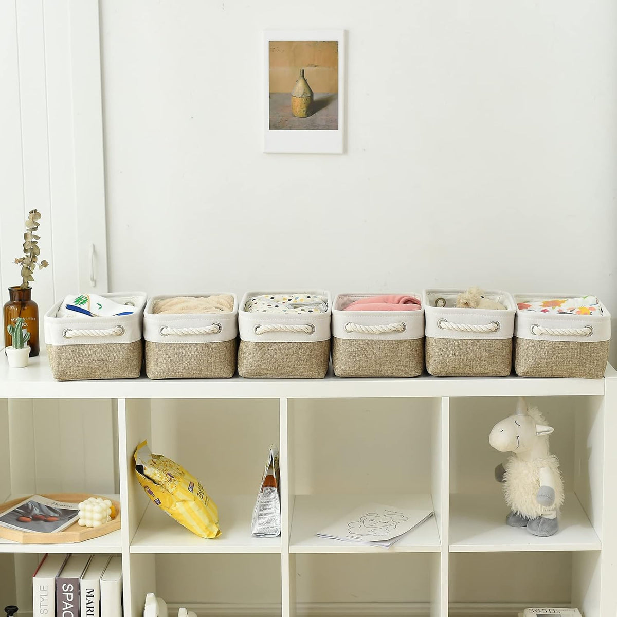 Fabric Storage Bins 12x8x5 inch [6-Pack] with Rope Handles - Decorative Baskets for Organizing