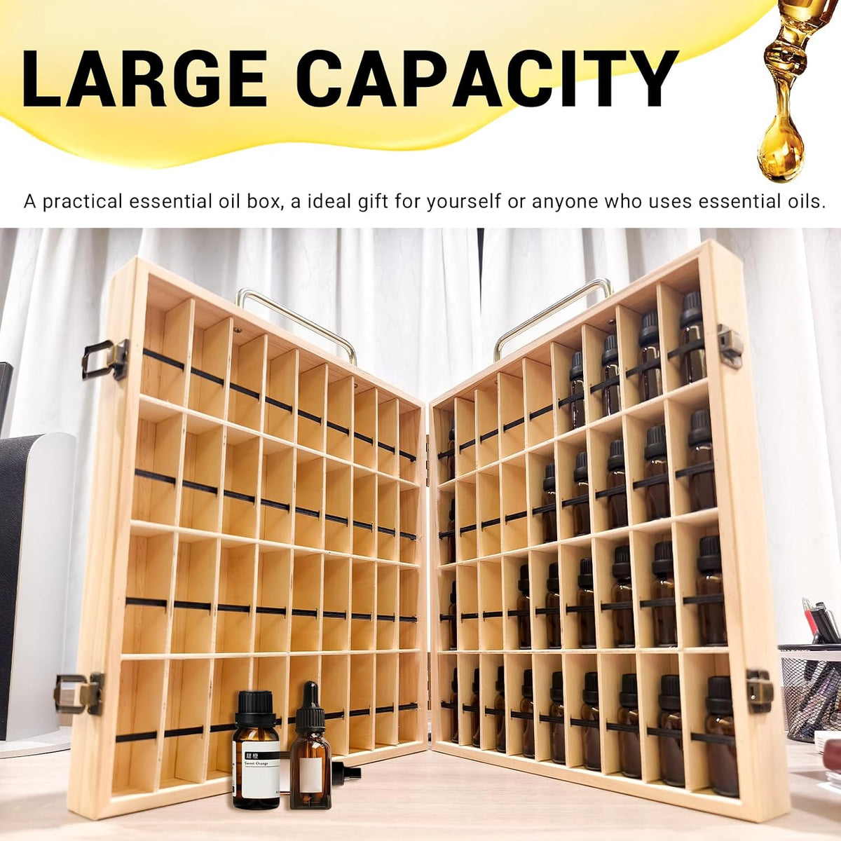 Pure Vie Essential Oil Bamboo Storage Box Travel Display Presentation, Holds 26 Bottles for 5, 10, 15ml - Aromatherapy Organizer Nail Polish Fragrance Container - Keep Your Oils Safe & Space Saver