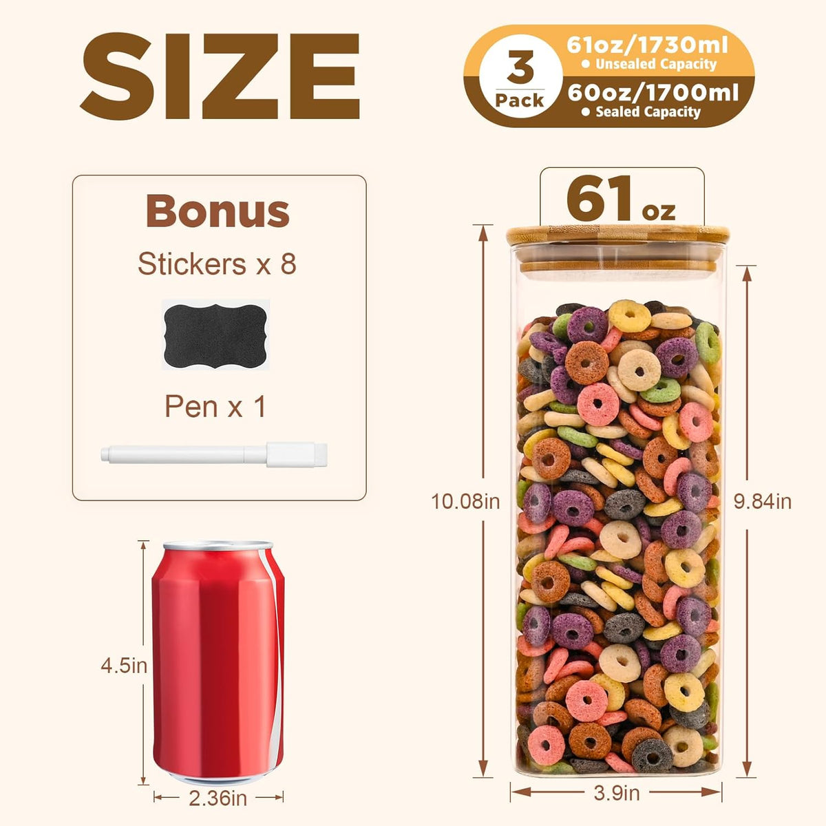 SHOWIN Glass Food Storage Jars Square 37oz, 4 Pack Glass Jars With Bamboo Lids, Kitchen Storage Containers For Spice, Candy, Cookie, Storage For Pantry Organizers