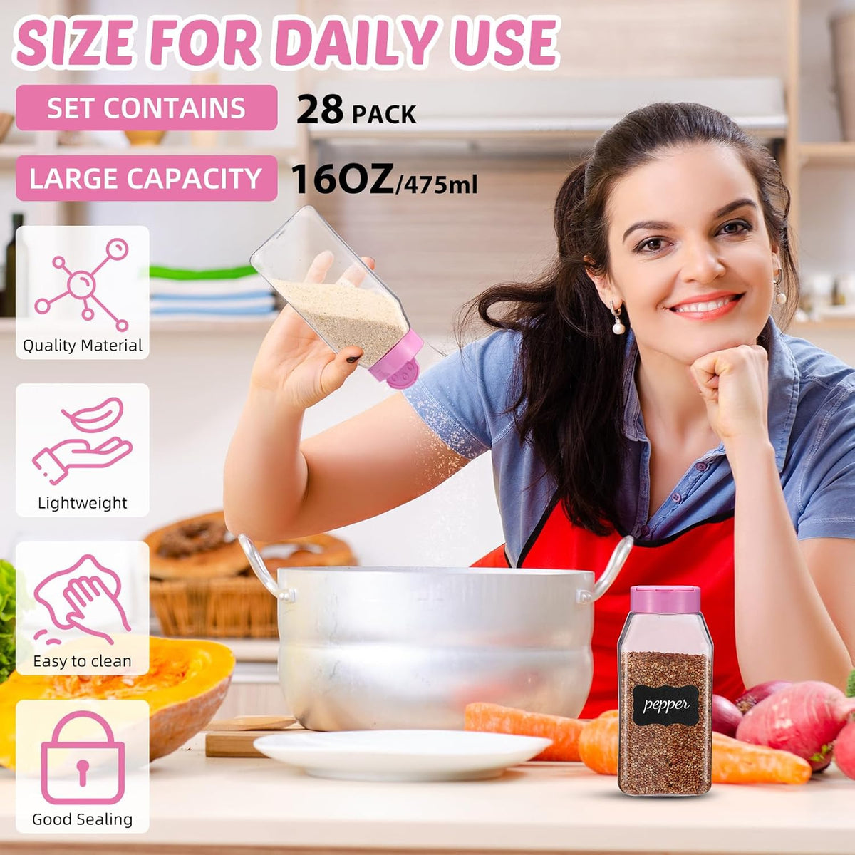 Mifoci 28 Pack 16 oz Plastic Spice Jars with Cap Square Plastic Bottle Containers with Shaker Lids and Stickers Large Seasoning Shaker Empty Powder Storage Container for Storing Salt Herbs (Black)