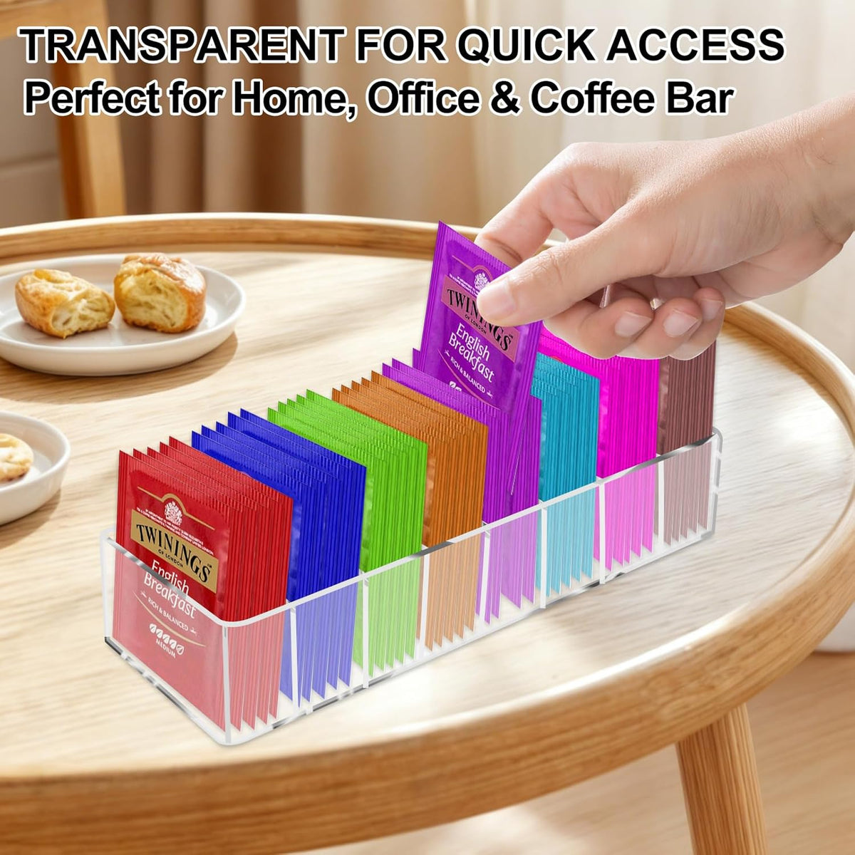 Acrylic Tea Bag Organizer, Clear Small Tea Packet Storage Box Clear Holder with 8 Slot, for Drawer, Countertop, Pantry, Kitchen, Cabinet, Shelf, 1 Pack (Removable partition)