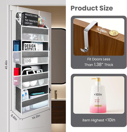 Over The Door Organizer with LifetimeWarranty, 4 Shelves & 4 Side Pockets, Large Storage Rack Holds 44lb, Heavy-Duty Reinforced Mesh Shelf for Bathroom, Closet, Toy Organization, Shoes, Towels, Grey