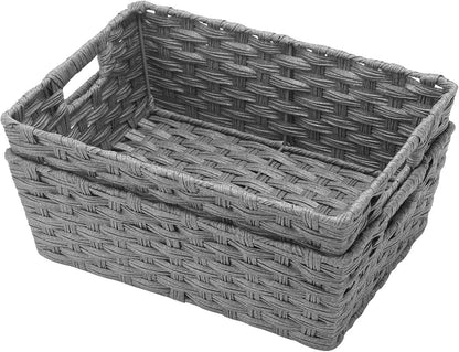 Onlytak Large Wicker Storage Basket, Metal Frame, Set of 2, Washable Waterproof, 15" x 10.3" x 5.2", Brown Color, Woven Basket for Pantry, Toilet, Bathroom, Bedroom, Patio
