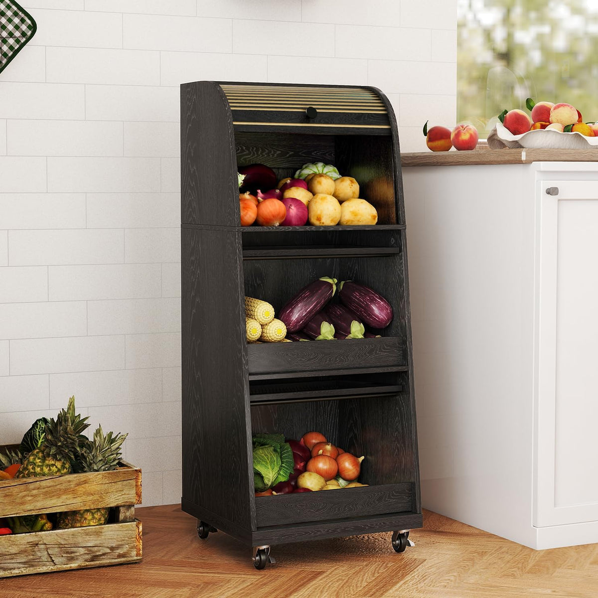 4 Tier Narrow Potato Storage Bin, Tall Wood Potato and Onion Storage Bin with Wheel, Movable Fruit and Vegetable Basket, Food Small Kitchen Pantry Cabinet, Wooden Bread Box, Walnut, Sliding Door