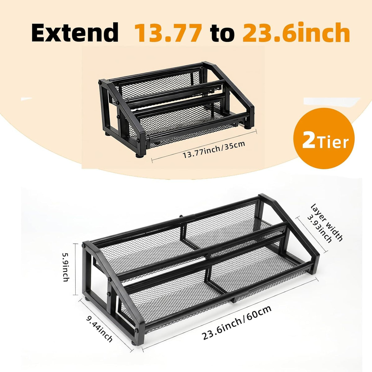 3 Tier Expandable Spice Rack Organizer for Kitchen,13.7"-23.6" Heavy Duty Spice Organization Shelf,Metal Pantry Storage Shelves Racks, Good Space for for Pantry, Counter top,Patent Pending