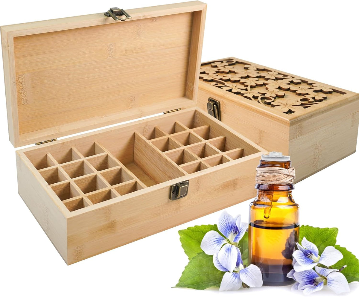 Pure Vie Essential Oil Bamboo Storage Box Travel Display Presentation, Holds 26 Bottles for 5, 10, 15ml - Aromatherapy Organizer Nail Polish Fragrance Container - Keep Your Oils Safe & Space Saver