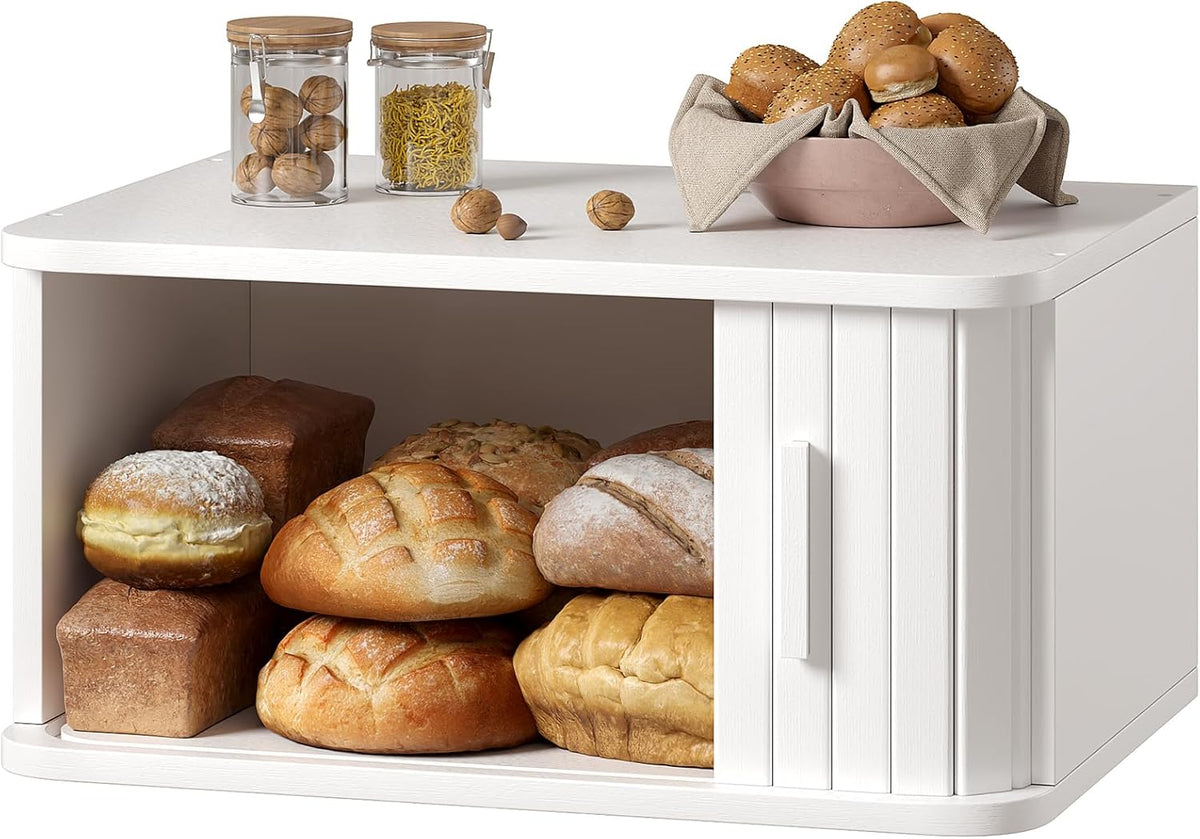 WOWLIVE Bread Box for Kitchen Countertop, Large Roll Top Bread Boxes with Sliding Door, Airtight Bread Storage Container for Loaves, Pastries & Bagels, Bamboo Counter Organizer (Natural, Medium)