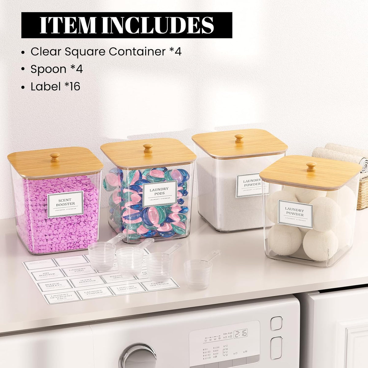 HomePekite Laundry Pods Storage Container, Clear Laundry Room Organization and Storage,Detergent Powder Container,with Wooden Lids & Labels, 3+