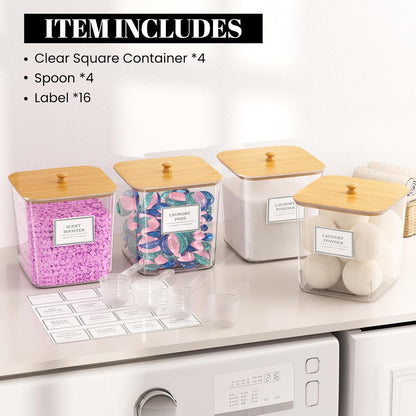 HomePekite Laundry Pods Storage Container, Clear Laundry Room Organization and Storage,Detergent Powder Container,with Wooden Lids & Labels, 3+