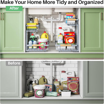 Kitstorack Under Sink Organizer, 2 Tier Under the Sink Storage, Slide out Pull out Cabinet Organizer Shelf, Metal Sliding Drawer for Kitchen Bathroom Pantry Closet Organization Rack, Black