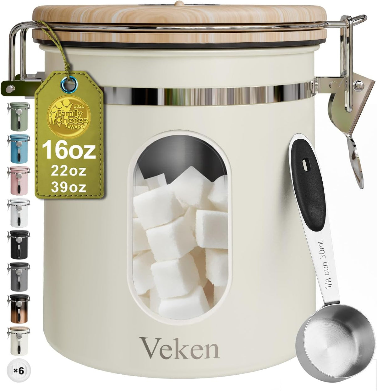 Veken Coffee Canister with Window, Family Choice Awards Winner, Airtight Stainless Steel Home Kitchen Food Storage Container with Lids for Grounds, Beans, Tea, Flour,Cereal,Sugar Jars,Scoop,16OZ,Black