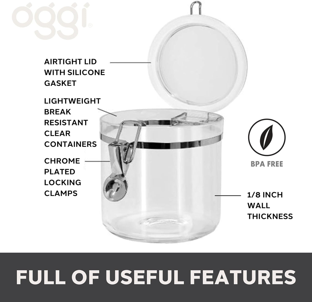 Oggi Clear Canister Set with Clamp Lids & Spoons - Airtight Food Storage Containers, Ideal for Kitchen & Pantry Storage of Bulk, Dry Food Including Flour, Sugar, Coffee, Rice, Tea, Spices & Herbs