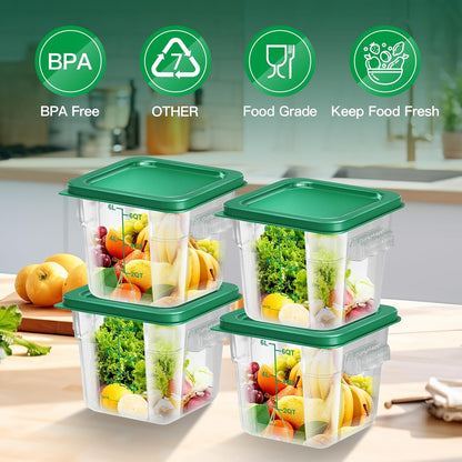4 pcs 4qt Food Storage Containers with Lid, Square Clear Commercial Food Storage Containers with Handle and Scale for Food Storage in Home Kitchen & Dining (Green)
