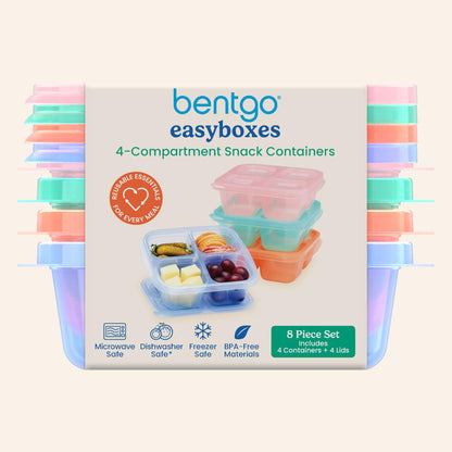 Bentgo Easyboxes 4-Compartment Snack Containers - 8-Piece Set with 4 Trays & 4 Custom-Fit Lids to Seal in Freshness - Reusable Food Storage & Meal Prep Bento BPA-Free Containers (Brights 4-Pack)