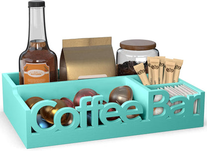 Coffee Bar Organizer for Countertop – Wooden Coffee Caddy with Compartments for Pods, Sugar Packets, and Accessories – Coffee Condiment Station Storage for Home and Office (Black)