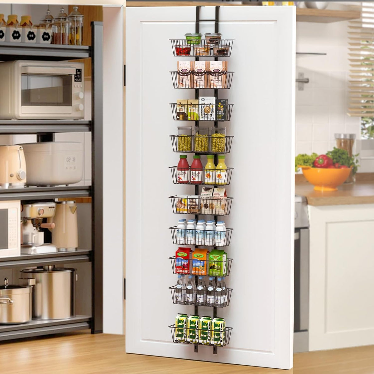 10 Tier Over the Door Pantry Organizer, Over the Door Spice Rack with Adjustable Baskets, Metal Hanging Door Pantry Organizers and Storage for Kitchen Bathroom Bedroom, White