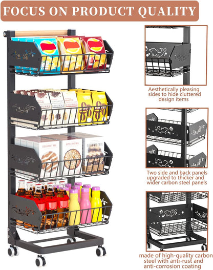 Heavy 4-Tier Snack Cart with Wheels ，Removable Rolling Pantry Floor Organizers ，Upgraded Wider and Thicker, Kitchen Fruit Basket Stand and Storage Rack for Fruit Snack Onion Potato