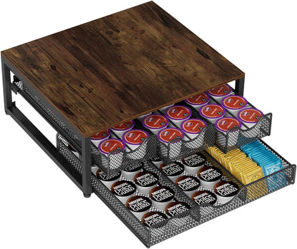 Coffee Pod Holder For Counter, 3 Pull-Out 72 K-Cup Holder Drawer, Wooden Cafe Pods Storage Organizer with Sliding Drawers for Coffee Station, Home, Kitchen, Office, Dorm (Black)