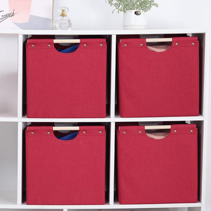HOONEX Large Collapsible Storage Bins, Linen Fabric, Pack of 2, Storage Baskets with Wooden Carry Handles and Sturdy Heavy Cardboard, for Home, Office, Car, Nursery, Black